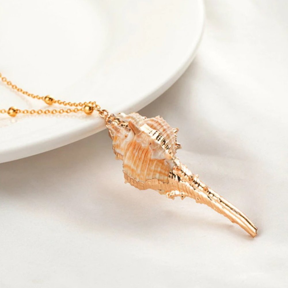Shell seashell necklace jewelry natural elegant beach yellow gold tone long